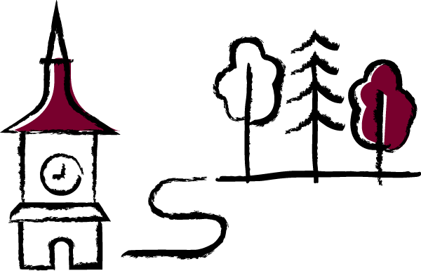 Illustration des Zytgloggeturms mit Bäumen in der Nähe.